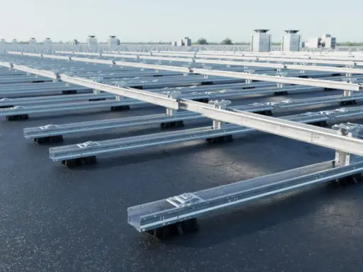 Monteringssystem för solpaneler på ett platt tak. Aluminiumprofiler lyfts upp av svarta fötter, redo för installation.