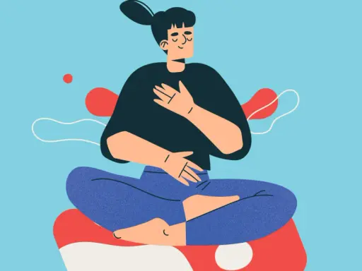 En person med slutna ögon sitter i meditationsställning, med händerna över bröstet och magen. En påminnelse om att kroppen talar till dig.