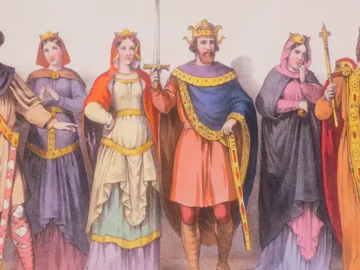 Sechs Figuren in mittelalterlicher Kleidung, darunter ein adliger Mann mit Schwert und Krone, posieren für ein Bild.