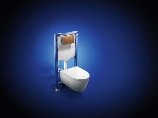 Une cuvette de toilette suspendue avec une chasse d'eau encastrée Geberit, prête pour une installation moderne et épurée.