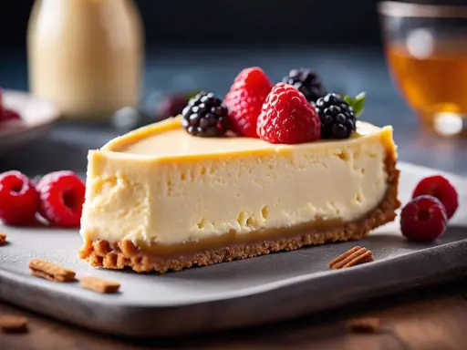 Tranche de cheesecake crémeux garnie de framboises et mûres, sur un lit de caramel et croûte biscuitée. Un délice de fourrage gâteau !