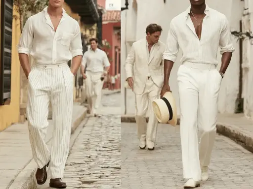 Uomini con un elegante outfit pantaloni bianchi a righe, camicie leggere e cappello di paglia passeggiano su un vicolo acciottolato.