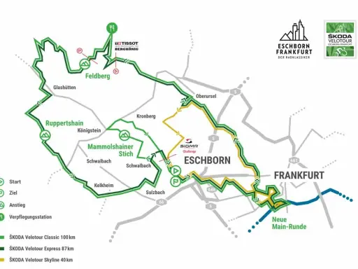 Streckenkarte des Radrennens Eschborn-Frankfurt mit verschiedenen Routen (100km, 87km, 40km) und Orten wie Feldberg, Kronberg und Frankfurt.