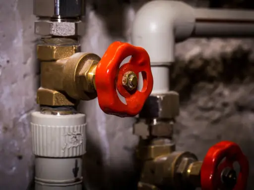Gros plan sur un joint d'électrovanne avec une poignée rouge vif, faisant partie d'un système de plomberie complexe.