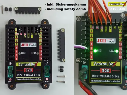 Jeti Central Box 320 mit 18 Kanälen, inklusive Sicherungskamm. Zwei grüne LEDs leuchten.