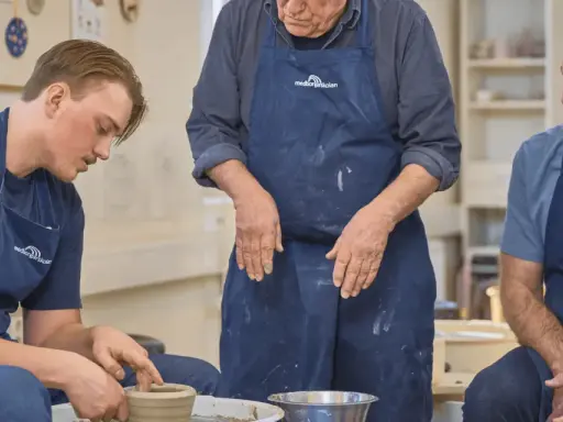 En ung man lär sig tumning keramik på en kurs. En äldre man och en kvinna tittar på.