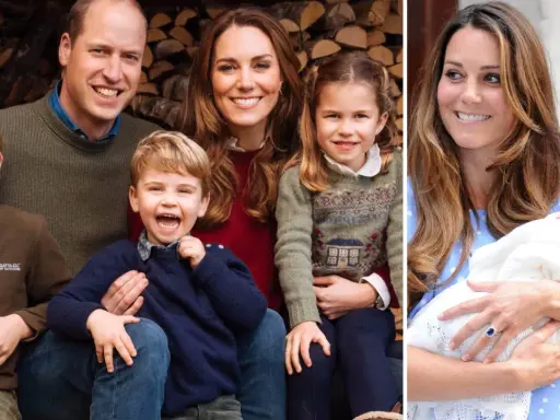 Prins William med sina barn, George, Charlotte och Louis, samt Kate som håller ett spädbarn.