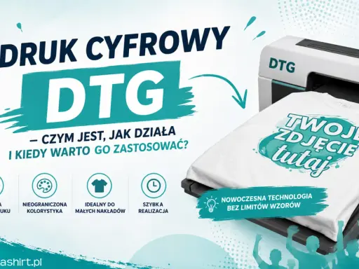 Maszyna cyfrowa DTG drukuje Twoje zdjęcie na koszulce. Nowoczesna technologia bez limitów wzorów.