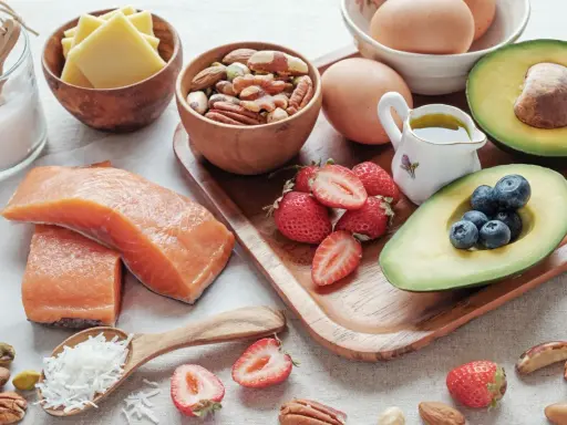 Łosoś, awokado, jajka, orzechy, jagody i truskawki – idealne składniki na dietę niskowęglowodanową.