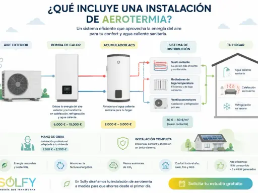 Diagrama de aerotermia aire-aire: unidad exterior, bomba de calor, acumulador ACS y sistema de distribución para calefacción, refrigeración y agua caliente.