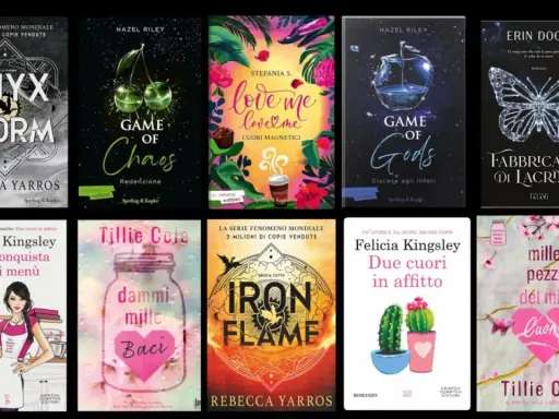 Copertine di romanzi rosa: "Onyx Storm", "Game of Chaos", "Love me love me", "Game of Gods", "Fabbricante di lacrime", "Una conquista fuori menù", "Dammi mille baci", "Iron Flame", "Due cuori in affitto", "Mille pezzi del mio cuore".