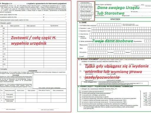 Wniosek o wydanie prawa jazdy po zatrzymaniu na 3 lata. Formularz zawiera dane urzędu, wnioskodawcy i informacje o wydanych dokumentach.