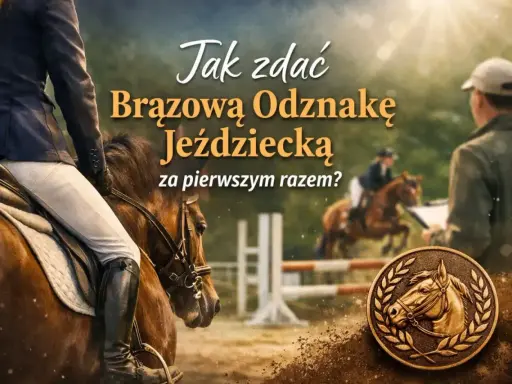 Brązowa odznaka jeździecka z wizerunkiem konia w wieńcu laurowym. W tle jeźdźcy i przeszkody.