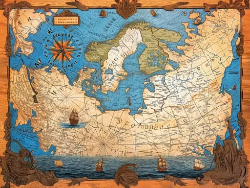 Stara mapa morska z wiatrowskazem i żaglowcami. Widoczne symbole na mapie morskiej wskazują na dawne szlaki żeglugowe i nieznane lądy.
