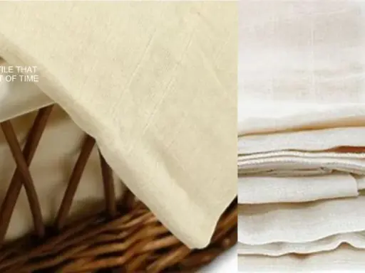 A close-up of a light-colored, woven muslin cotton fabric. The left side shows the fabric draped over a wicker basket, with text overlay. The right side displays a stack of folded muslin cotton.