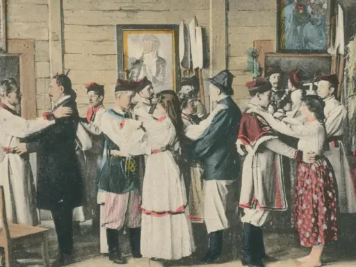 Ludzie w strojach ludowych tańczą w izbie. Widać, o czym jest wesele: radość, tradycja i wspólna zabawa.
