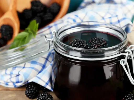 Ein Glas mit dunklem Brombeergelee, garniert mit frischen Brombeeren. Daneben ein Holzschälchen mit weiteren Brombeeren und ein kariertes Tuch. Verschiedene Brombeergelee Varianten zum Genießen.