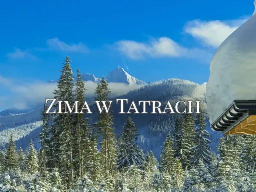 Zima w Tatrach Słowackich. Ośnieżone szczyty i lasy pod błękitnym niebem. Na pierwszym planie fragment drewnianej altany z grubą warstwą śniegu na dachu.