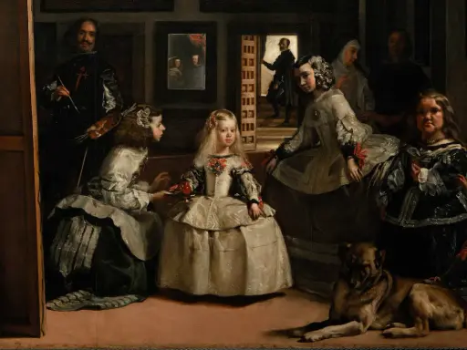 El prado para niños: Velázquez pinta a la infanta Margarita y su corte. Un perro descansa mientras el artista trabaja en un lienzo.