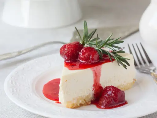 Ein Stück cremige Philadelphia Torte mit Erdbeersauce und frischen Erdbeeren, garniert mit Rosmarin.