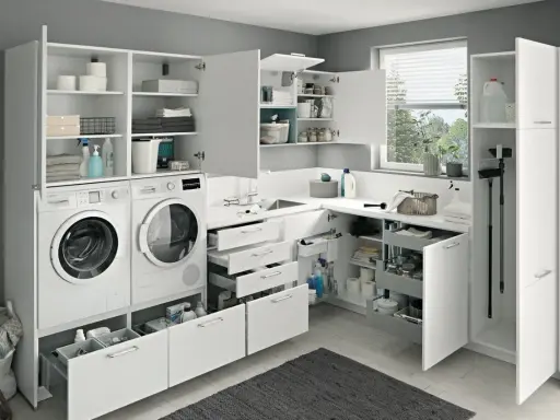 Ein heller, moderner kleiner Hauswirtschaftsraum mit Waschmaschine, Trockner, Spüle und viel Stauraum in weißen Schränken.