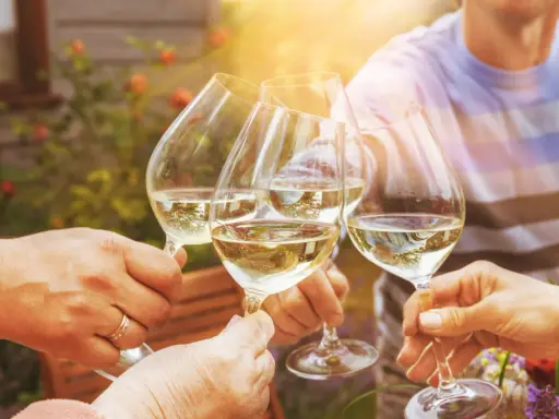 Ein fröhlicher weinabend mit freunden im Garten. Gläser mit Weißwein stoßen an, die Sonne scheint.