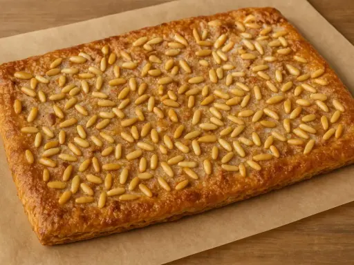 Deliciosa coca de llardons con piñones dorados, lista para disfrutar.
