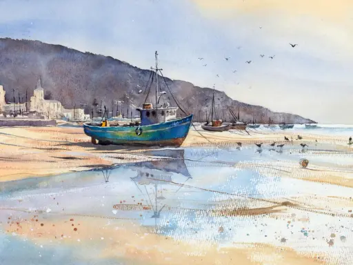 Peindre un bateau bleu sur la plage, avec des reflets dans l'eau et des mouettes.