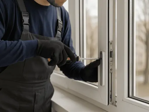 Técnico con guantes negros repara una ventana de aluminio antigua, ajustando el mecanismo con un destornillador.
