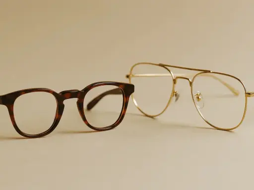 Dwa modele okularów: jeden w stylu retro, w ciemnej oprawce, drugi – złoty, pilotki. Wybór: okulary z noskami czy bez?
