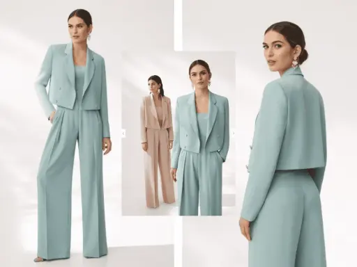 Modello indossa un completo laurea verde acqua con giacca corta e pantaloni a palazzo. Elegante e moderno.