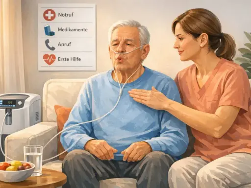 Mann mit COPD erhält Sauerstoff. Eine Pflegerin legt ihm beruhigend die Hand auf die Brust. Hohe Luftfeuchtigkeit kann bei COPD belastend sein.