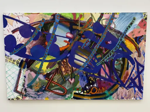 Vibrant abstract painting with bold blue shapes and energetic lines, displayed at Asya Geisberg Gallery.