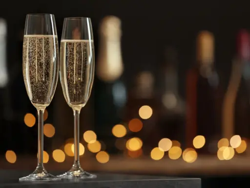 Zwei Sektgläser mit sprudelndem Sekt, im Hintergrund unscharfe Flaschen und Lichter. Ein krug 169 für besondere Anlässe.