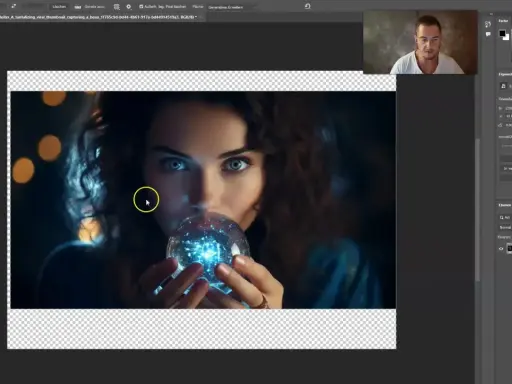 Mujer con mirada intensa sostiene una esfera brillante, editando la imagen con Adobe Firefly Beta.