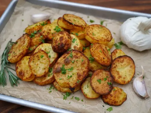 Knusprige Kartoffelscheiben aus dem Airfryer, garniert mit Petersilie, daneben Rosmarin, Knoblauch und eine ganze Knoblauchknolle.