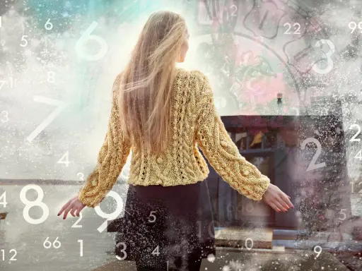 Kobieta w żółtym swetrze otoczona liczbami, symbolizującymi numerologię i jej 66 znaczenie.