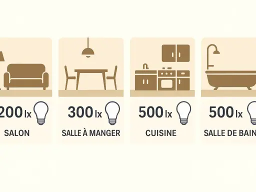 Recommandations d'éclairage : 200 lux pour le salon, 300 lux pour la salle à manger, 500 lux pour la cuisine et la salle de bains.