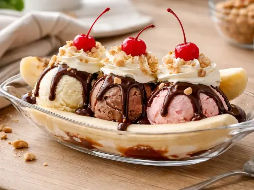 Délicieuse recette banana split : trois boules de glace (vanille, chocolat, fraise) sur une banane coupée, nappées de chocolat, chantilly et cerises.