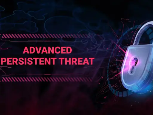 Ein leuchtendes Vorhängeschloss symbolisiert die Abwehr eines **advanced persistent threat**. Digitale Muster und Totenköpfe im Hintergrund deuten auf Cybergefahren hin.