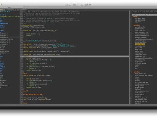 Kod C++ w edytorze Vim. Widoczny fragment kodu dotyczy inicjalizacji systemu i obsługi urządzeń.