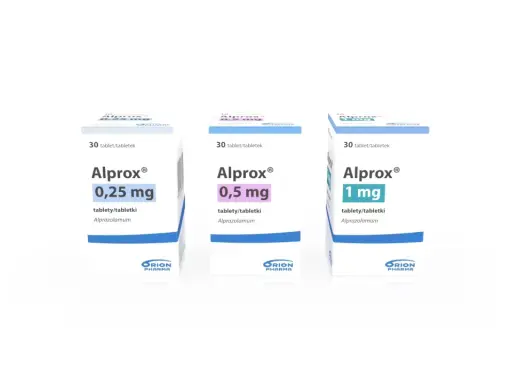 Trzy opakowania leku Alprox na co: 0,25 mg, 0,5 mg i 1 mg. Każde zawiera 30 tabletek z alprazolamem.