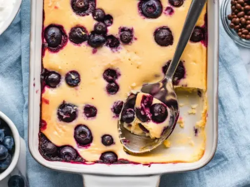 Ein cremiger Quarkauflauf low carb mit Blaubeeren, frisch aus dem Ofen. Eine Löffelportion zeigt die saftige Konsistenz.