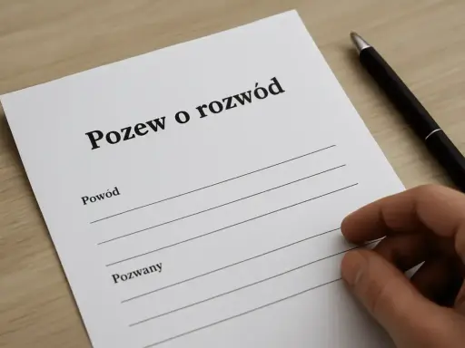 Dokument "Pozew o rozwód" z polami na wpisanie powodów i danych pozwanego. Długopis i dłoń sugerują przygotowanie argumentów do rozwodu.