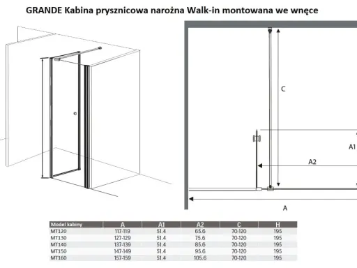 Wymiary kabiny prysznicowej GRANDE: szerokość A (117-159 cm), głębokość A1 (51,4 cm), A2 (65,6-105,6 cm), C (70-120 cm), H (195 cm).