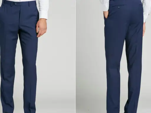 Front and back views of navy blue dress pants. These pants are tailored for a clean look, demonstrating the unhemmed pants meaning of a raw edge ready for custom fitting.
