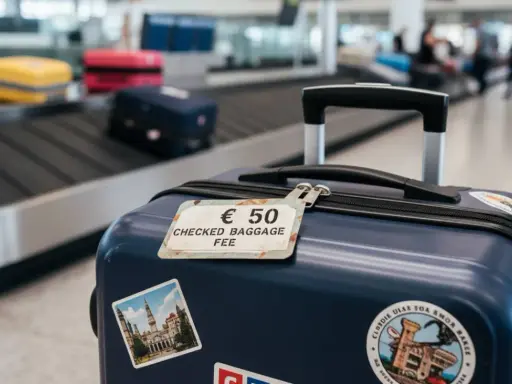 Granatowa walizka z etykietą "€ 50 CHECKED BAGGAGE FEE" na taśmie bagażowej na lotnisku.