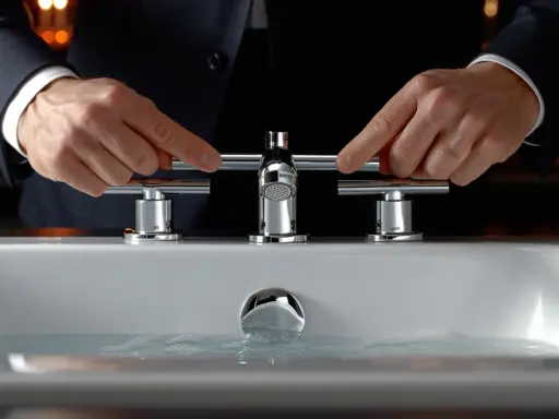 Mains d'un homme en costume ajustant un robinet de luxe. Le raccord asymétrique du mitigeur est mis en valeur.