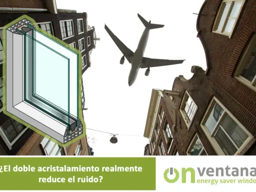 Ilustración de un perfil intercalario para doble acristalamiento, con un avión sobrevolando edificios.