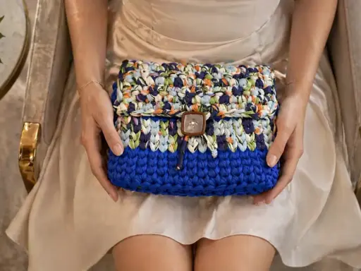 Cartera crochet de colores vibrantes, con un botón cuadrado y un diseño único.